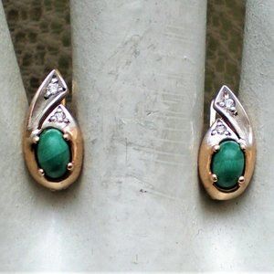 Russian Russia 14K 585 Rose Pink Gold Malachite CZ Cluster Pierced Earrings